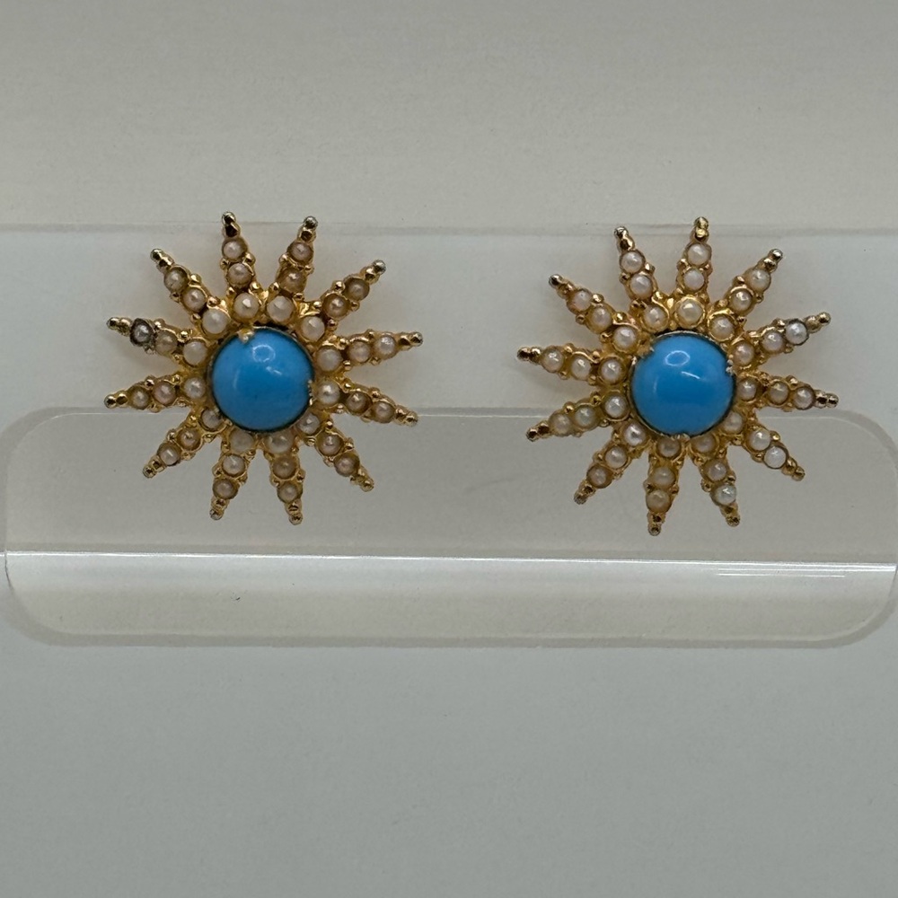 Coro 40s Vtg Gold and Blue Sunburst screw back Earrings